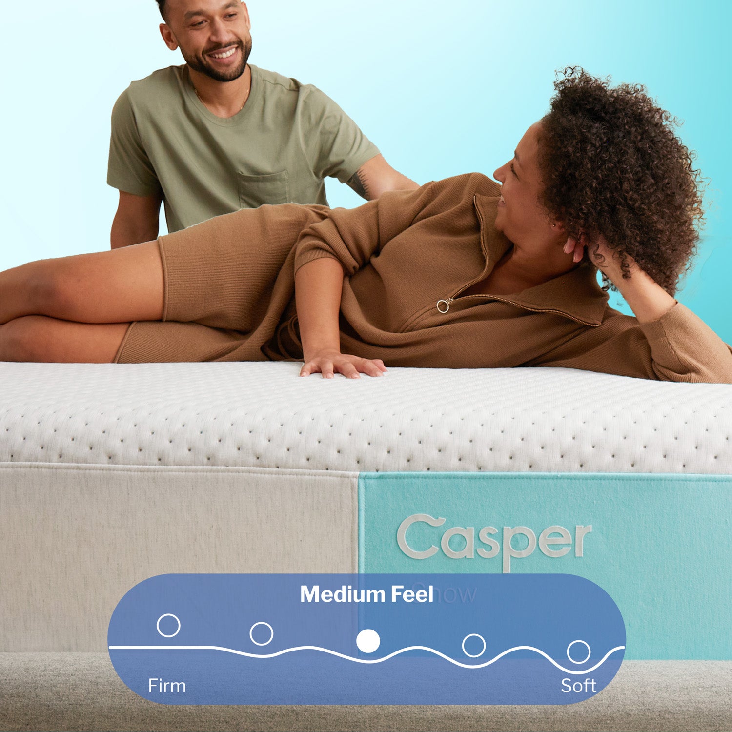 Casper Snow Hybrid Mattress with couple and "medium feel"