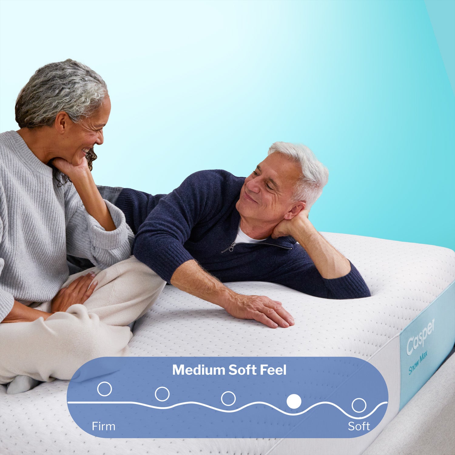 Casper Snow Max Cooling Hybrid Mattress with older couple and "medium soft feel"
